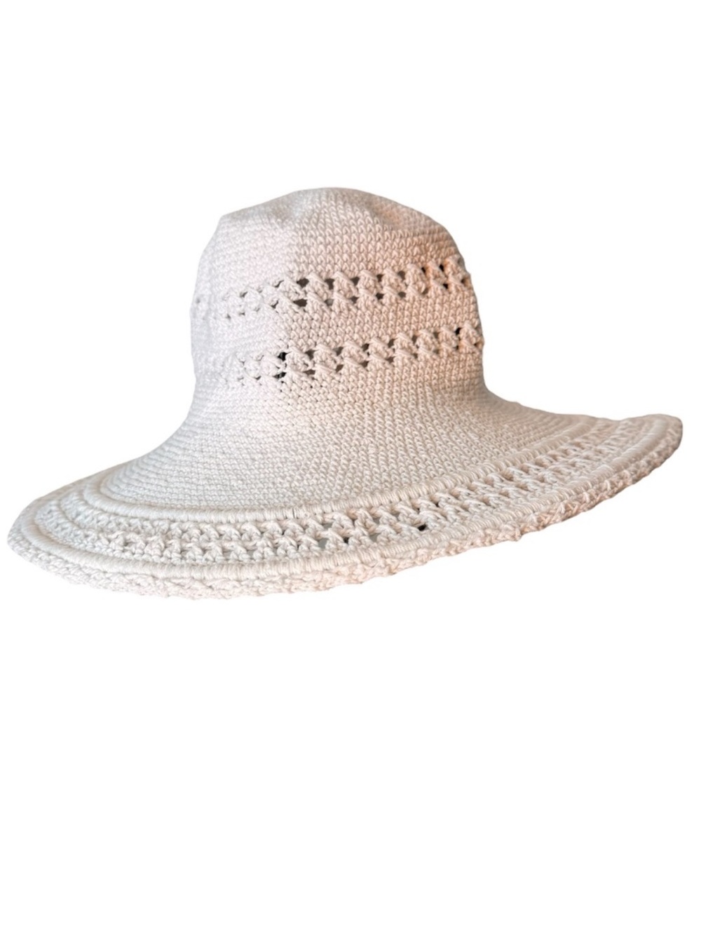 Crochet White Sun Hat Wide Large Brim Knit Handmade Macrame Boho Hippie
